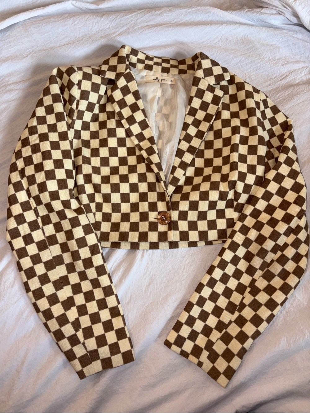 Cropped Checked Blazer Jacket in Brown & Cream